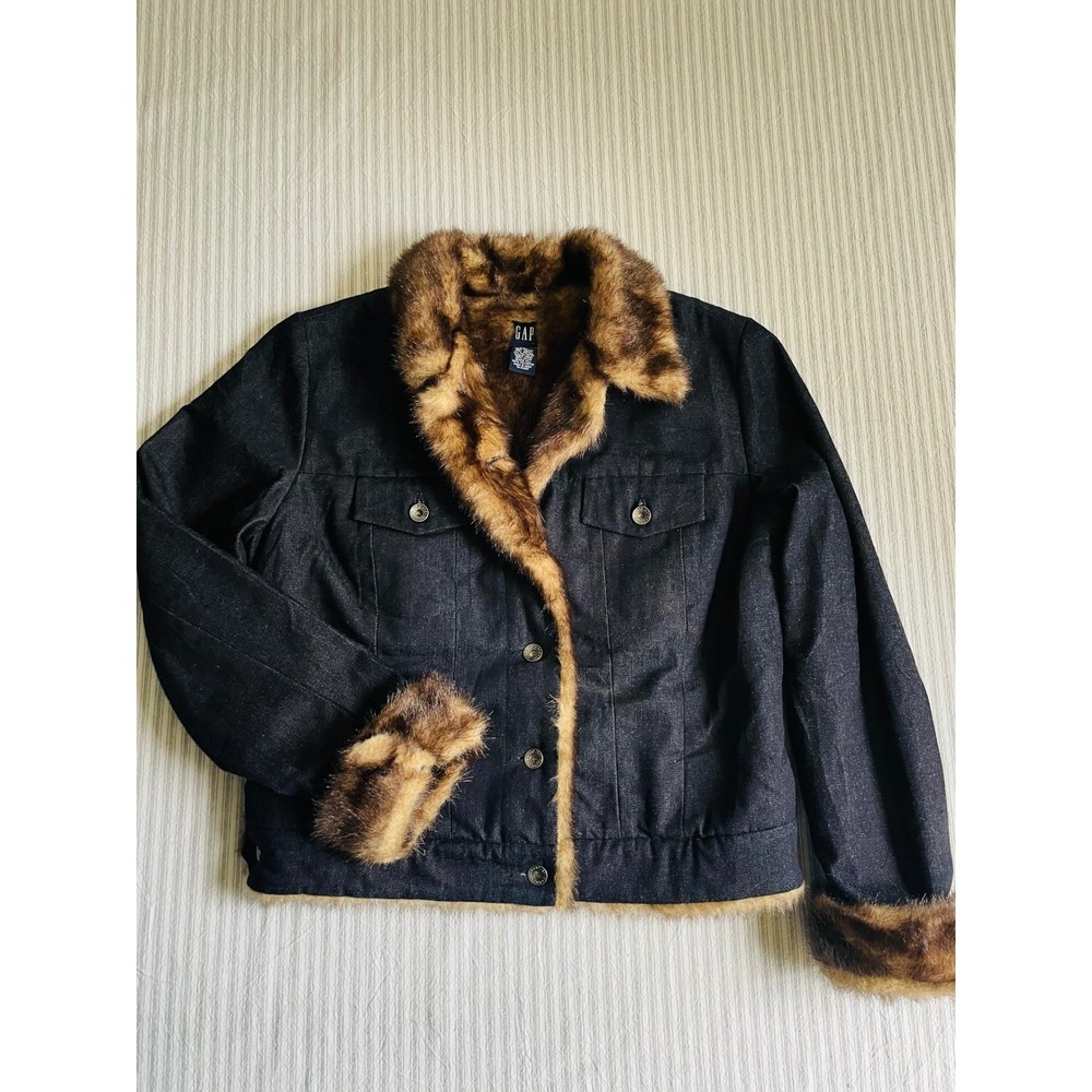 Gap Vintage Denim Faux Fur Lined Trucker Jacket Dark Wash Indigo Blue M 9/00